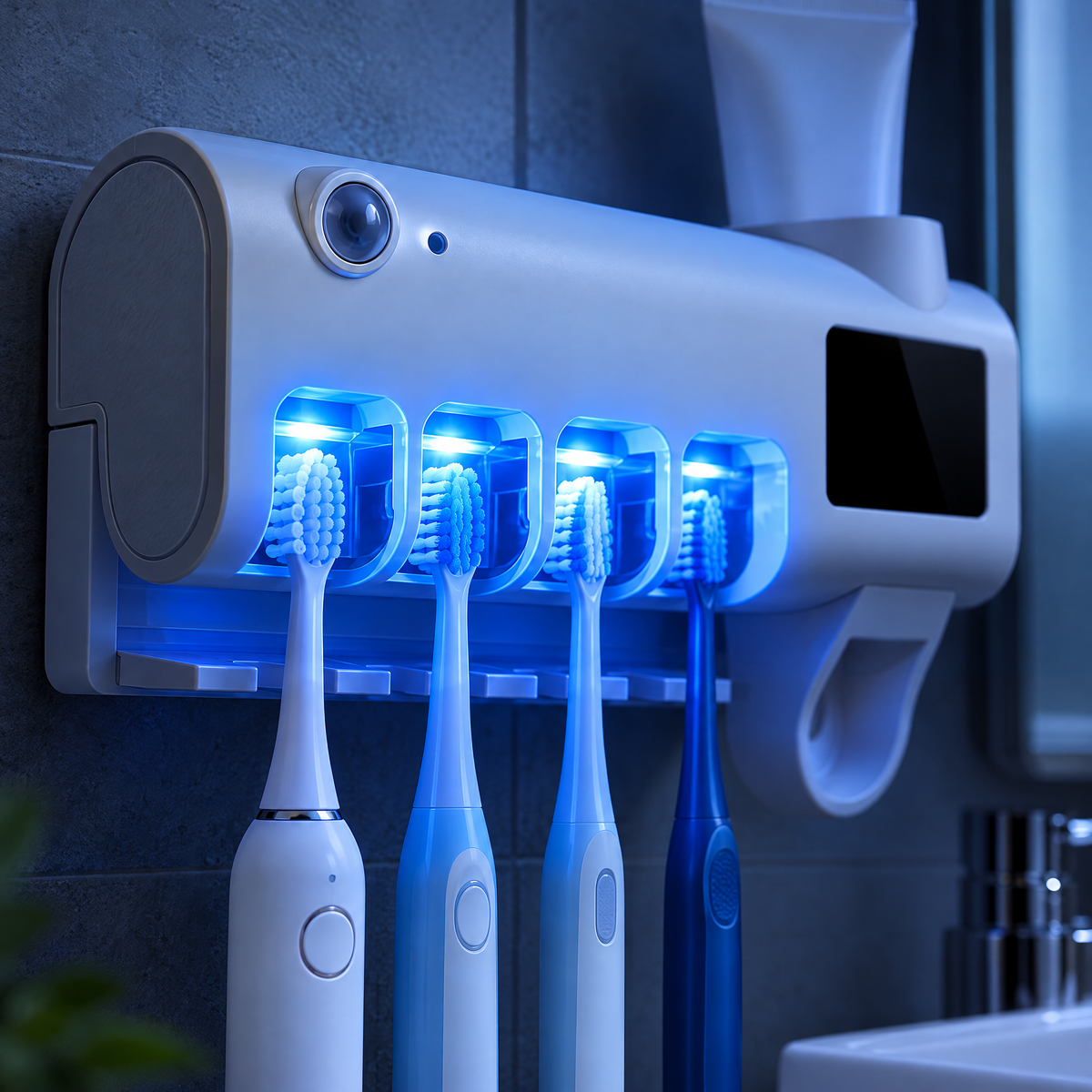 Stérilisateur UV-C Luyia UV Pro avec distributeur de dentifrice, fixé au mur d'une salle de bain